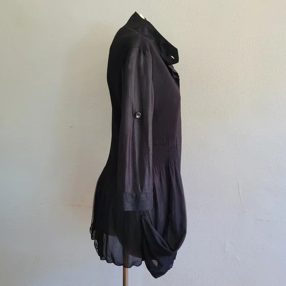 Lindi Tunic Top Black Mixed Media Button Up 3/4 Roll Tab Sleeve Flowy Lagenlook - Picture 3 of 12